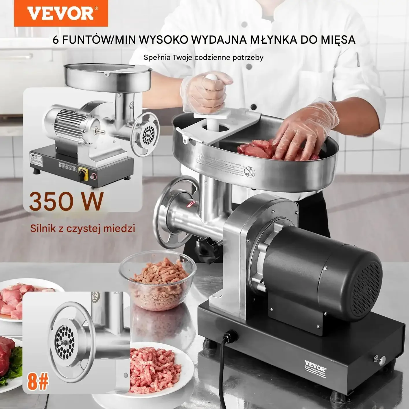 Maszynka do mięsa elektryczna 2,72kg/min stal nierdzewna kiełbasy szynka - obrazek 4