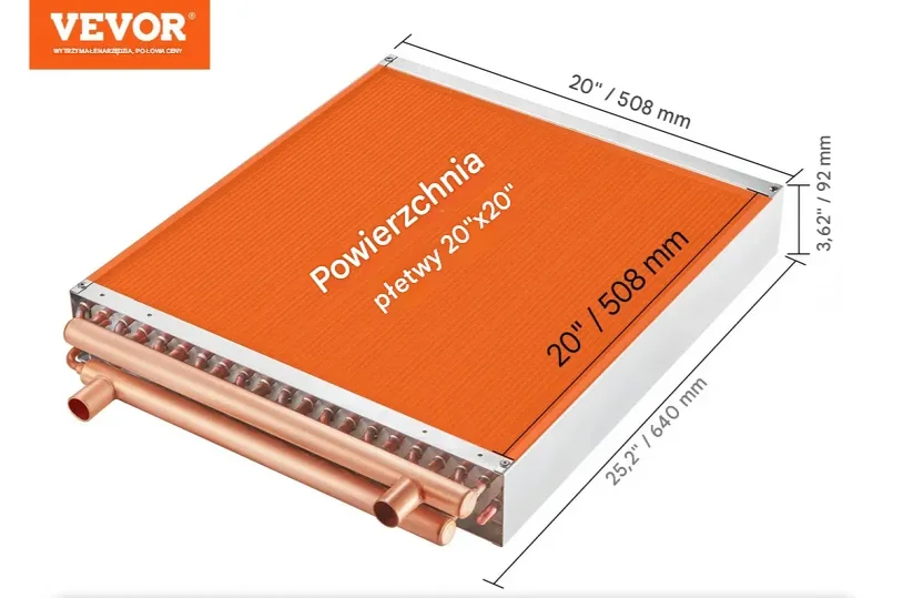 Wymiennik ciepła nagrzewnica woda-powietrze 50x50 cm 3-rzędowy miedziany - obrazek 5