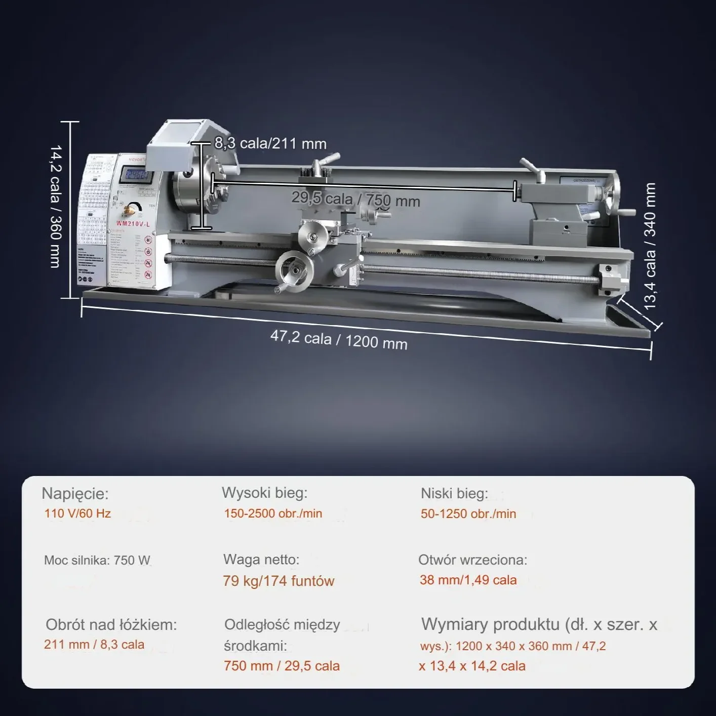 Tokarka do metalu 21x75cm 750W 0-2500obr/min bezszczotkowa zestaw narzędzi