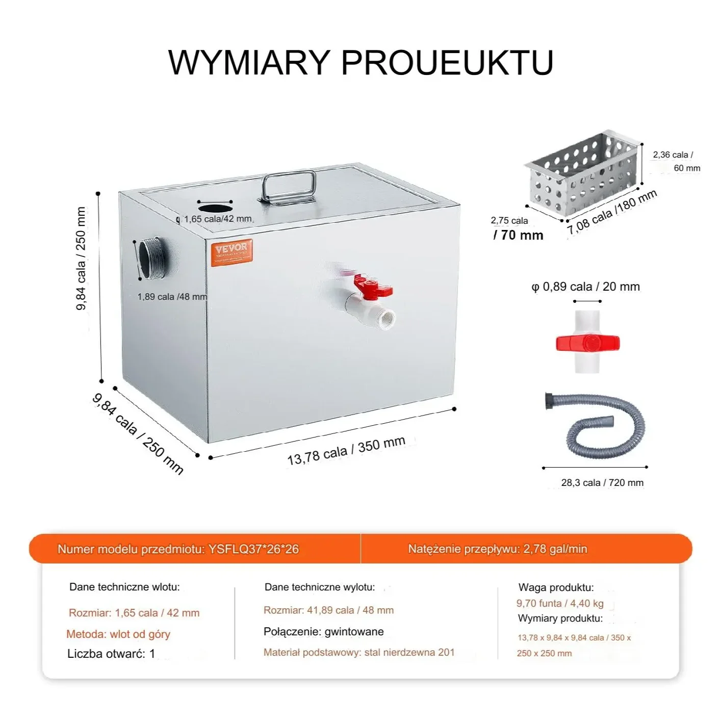 Podzlewozmywakowy separator tłuszczu 3,6 kg 2,8 GPM do restauracji i domu