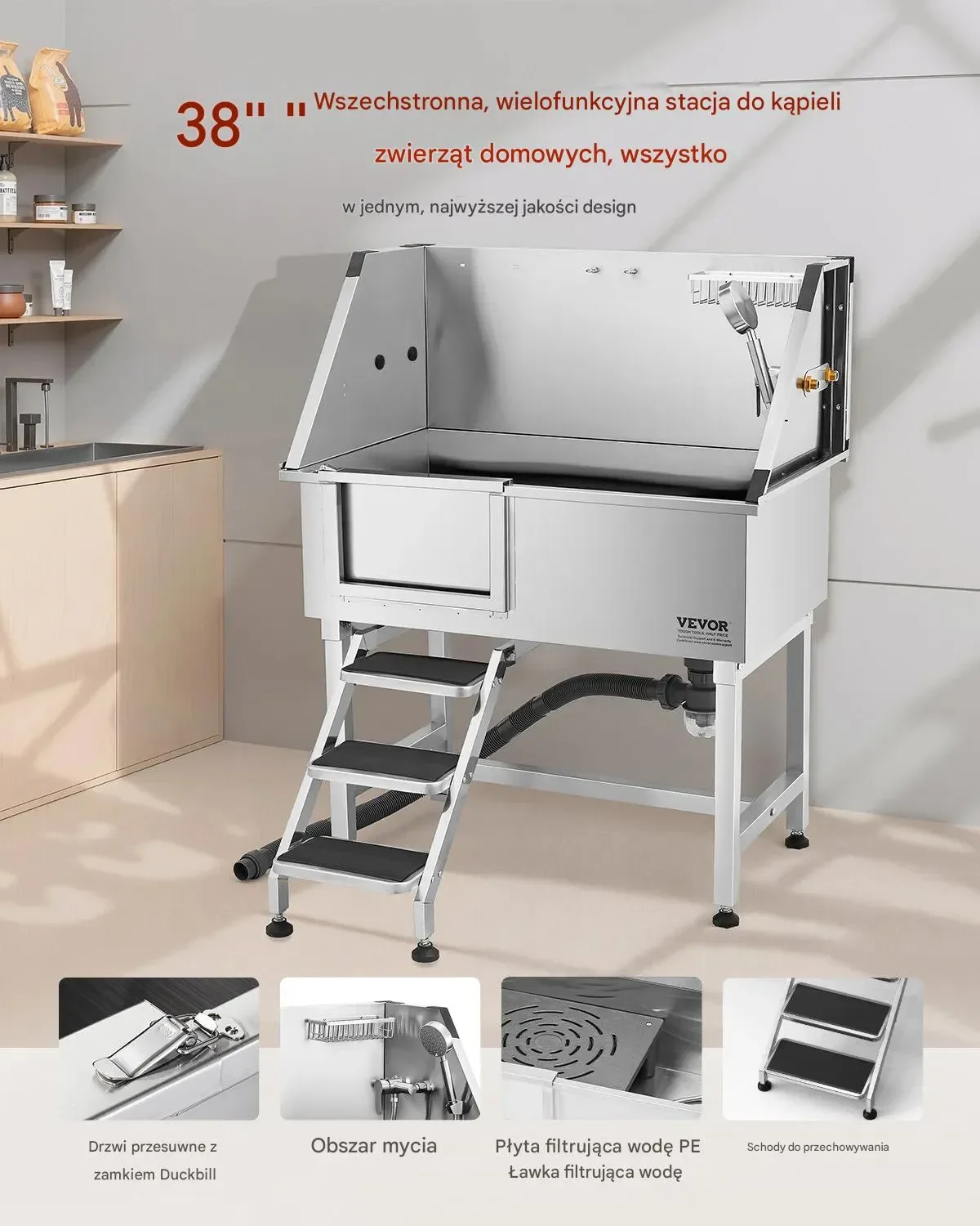 Wanna groomerska 96,5cm stal nierdzewna antypoślizgowe schody drzwi prawe - obrazek 2