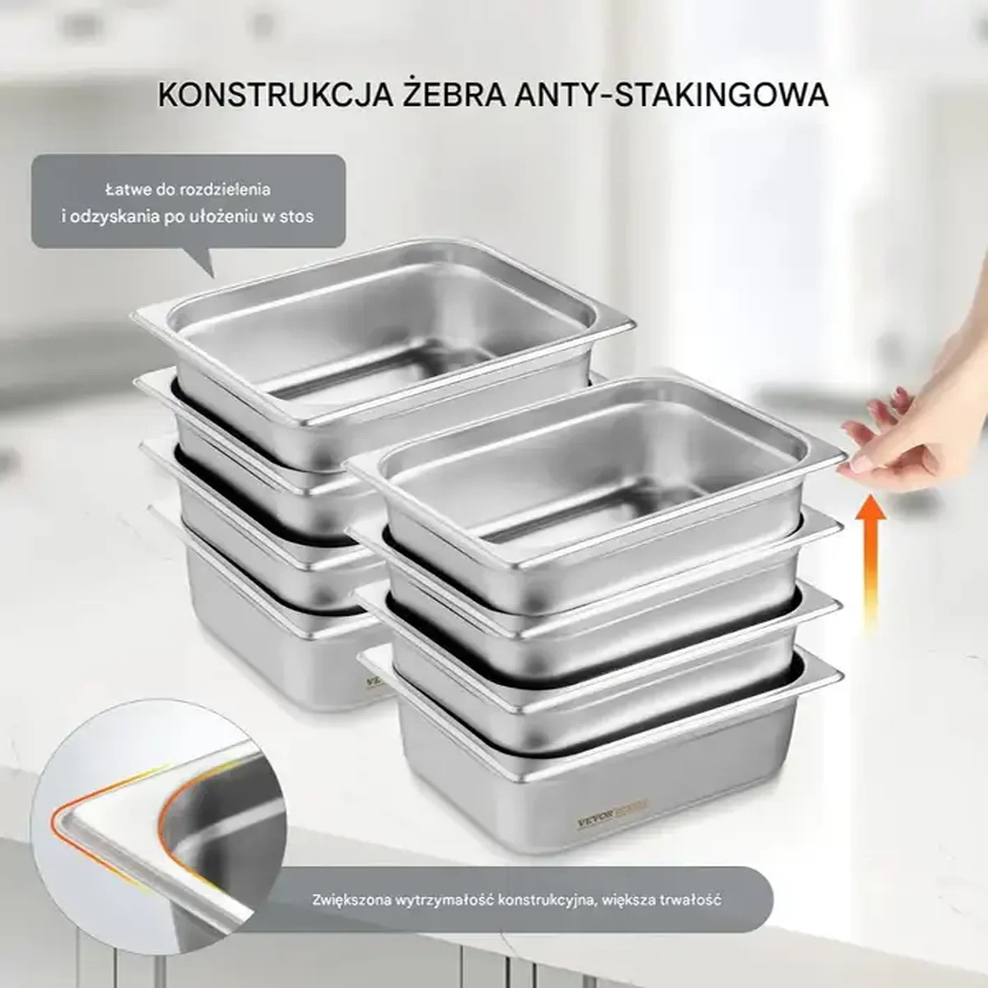 Pojemniki gastronomiczne GN 8 szt. z pokrywami stal nierdzewna do cateringu - obrazek 5