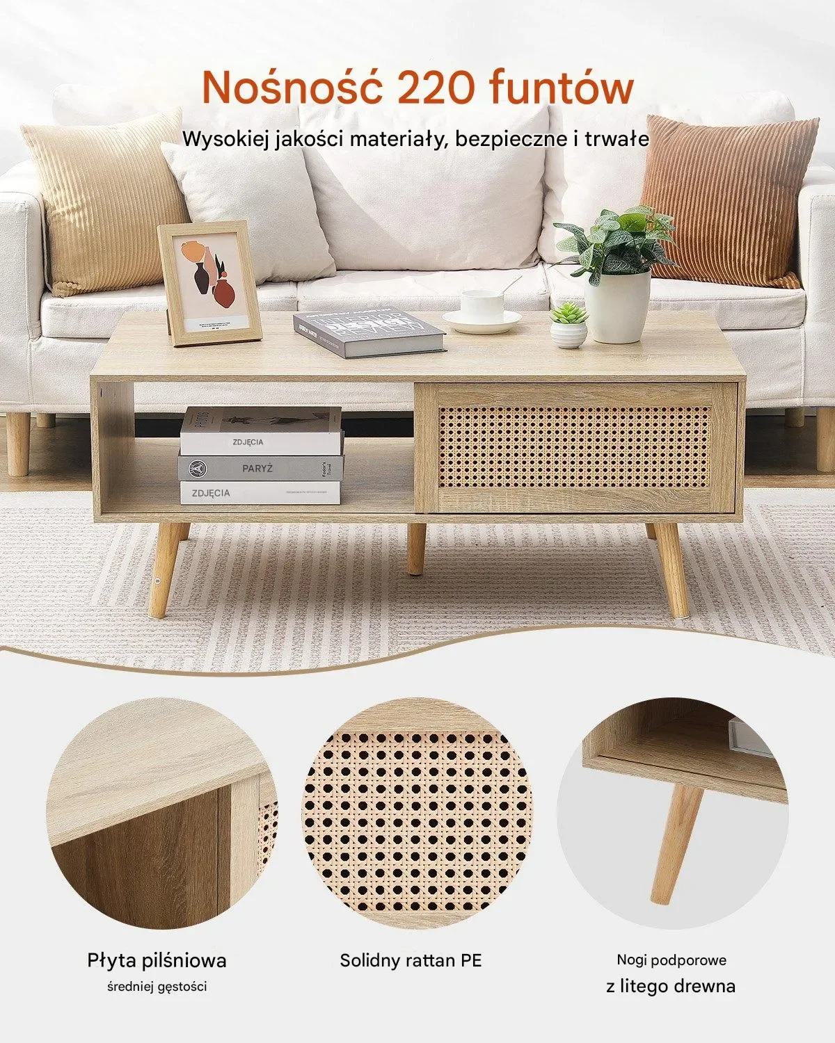 Stolik Kawowy Rattan Prostokątny 2-poziomowy do Salonu Naturalny Stylowy - obrazek 2