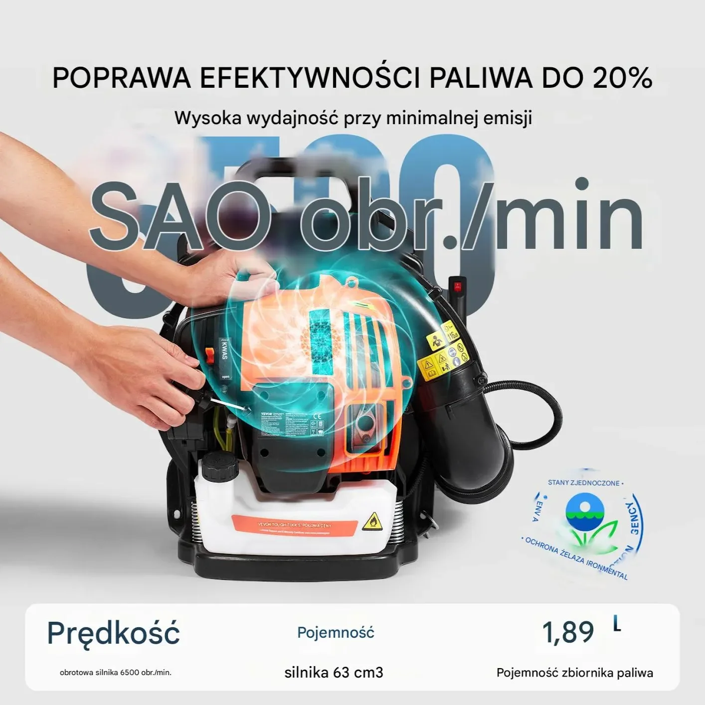 Dmuchawa do liści plecakowa 62 cm³ spalinowa 1110 CFM - do liści i śniegu - obrazek 4