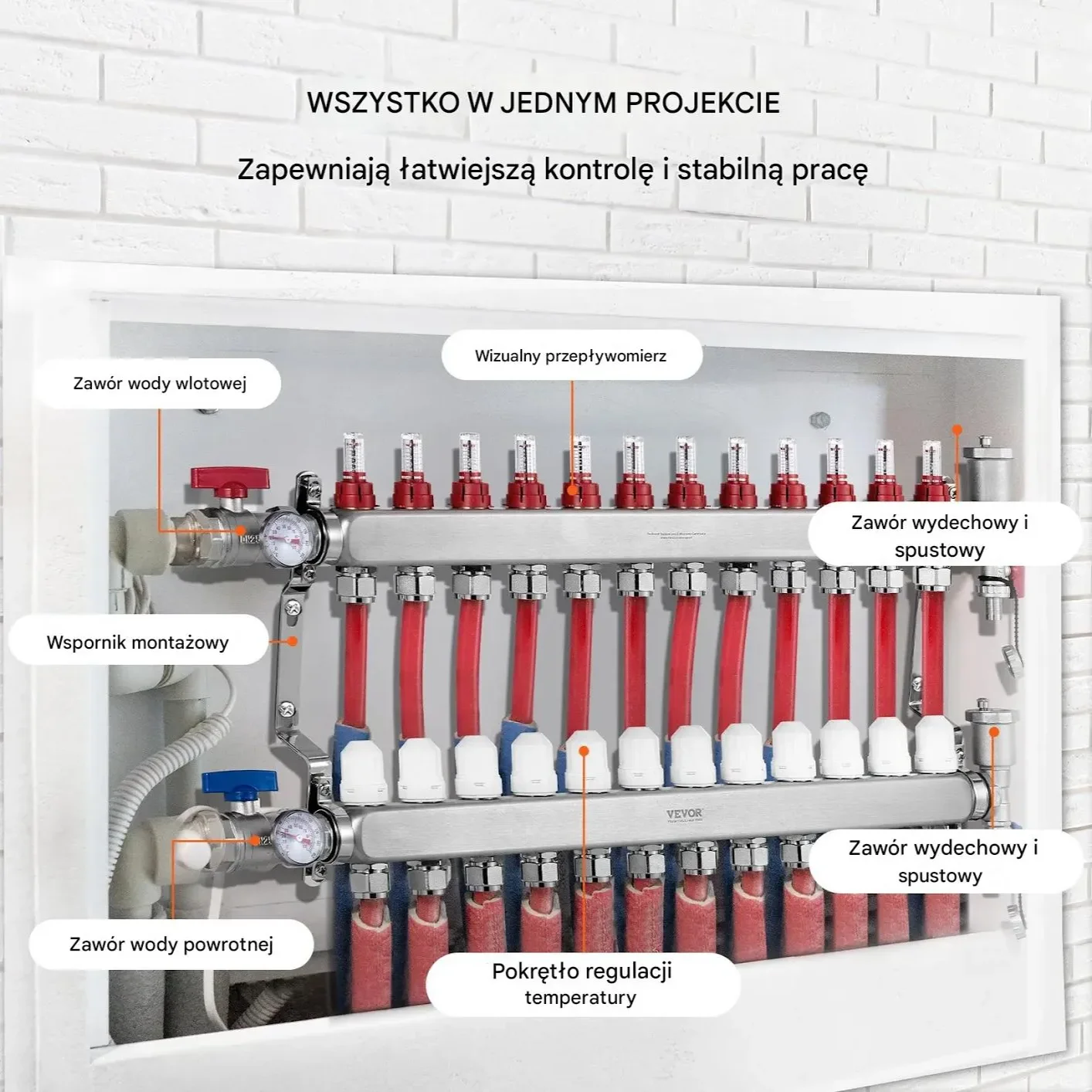 Rozdzielacz ogrzewania podłogowego 12 obw. PEX 1/2 stal z adapterami - obrazek 4