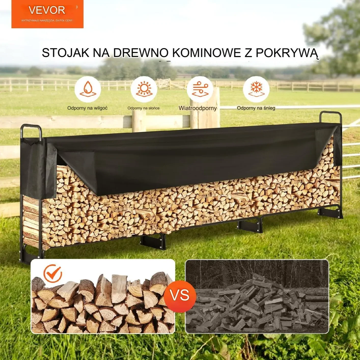 Stojak na drewno opałowe kominkowe duży kosz metalowy +plandeka 386x36cm - obrazek 6