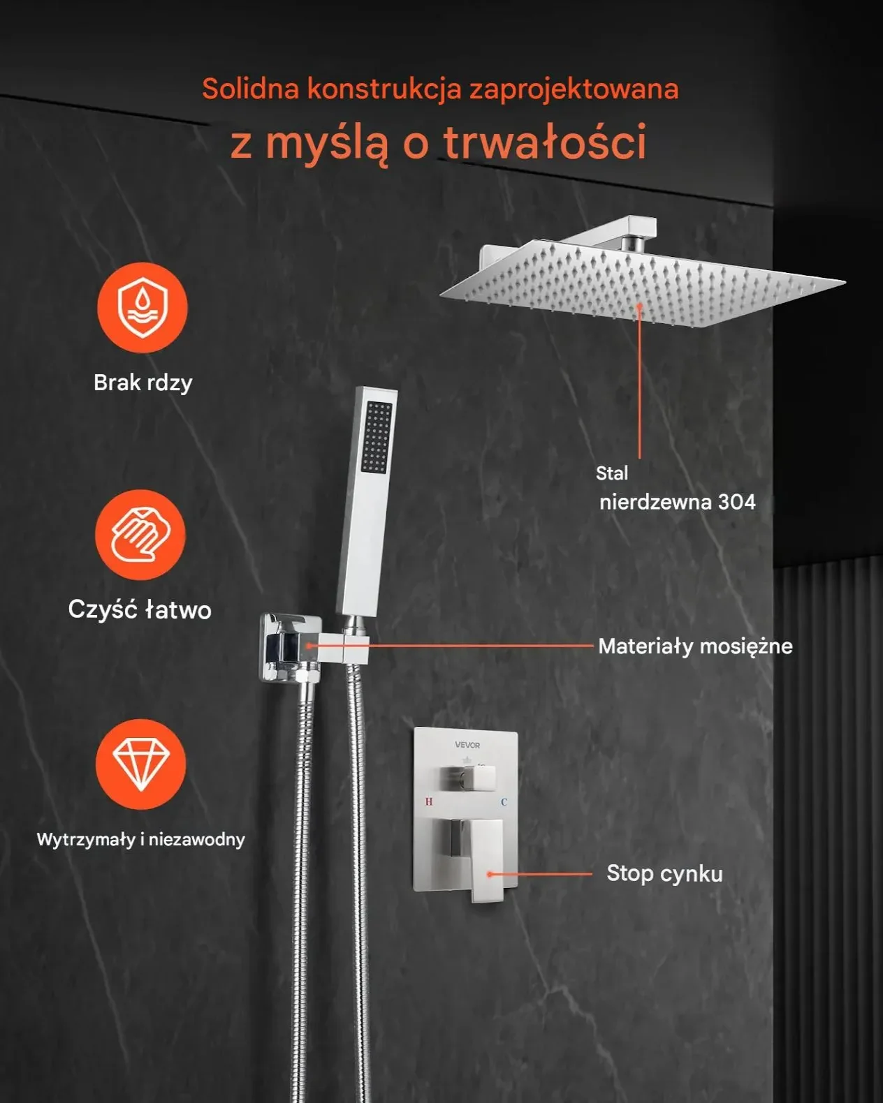 Zestaw prysznicowy deszczownica 30 cm z rączką srebrny montaż ścienny - obrazek 6