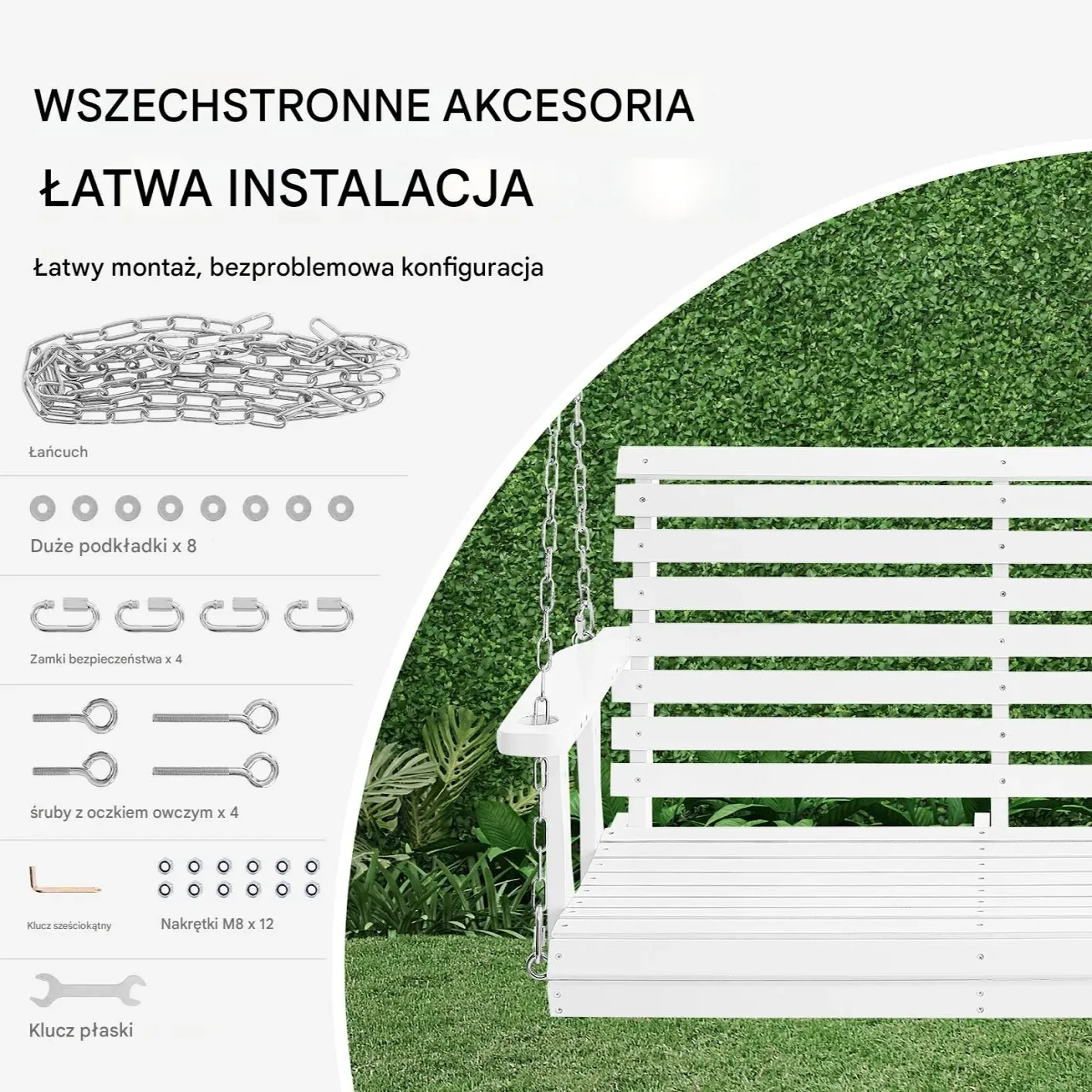 Huśtawka ogrodowa 120cm drewniana biała 400kg łańcuchy altana taras - obrazek 4