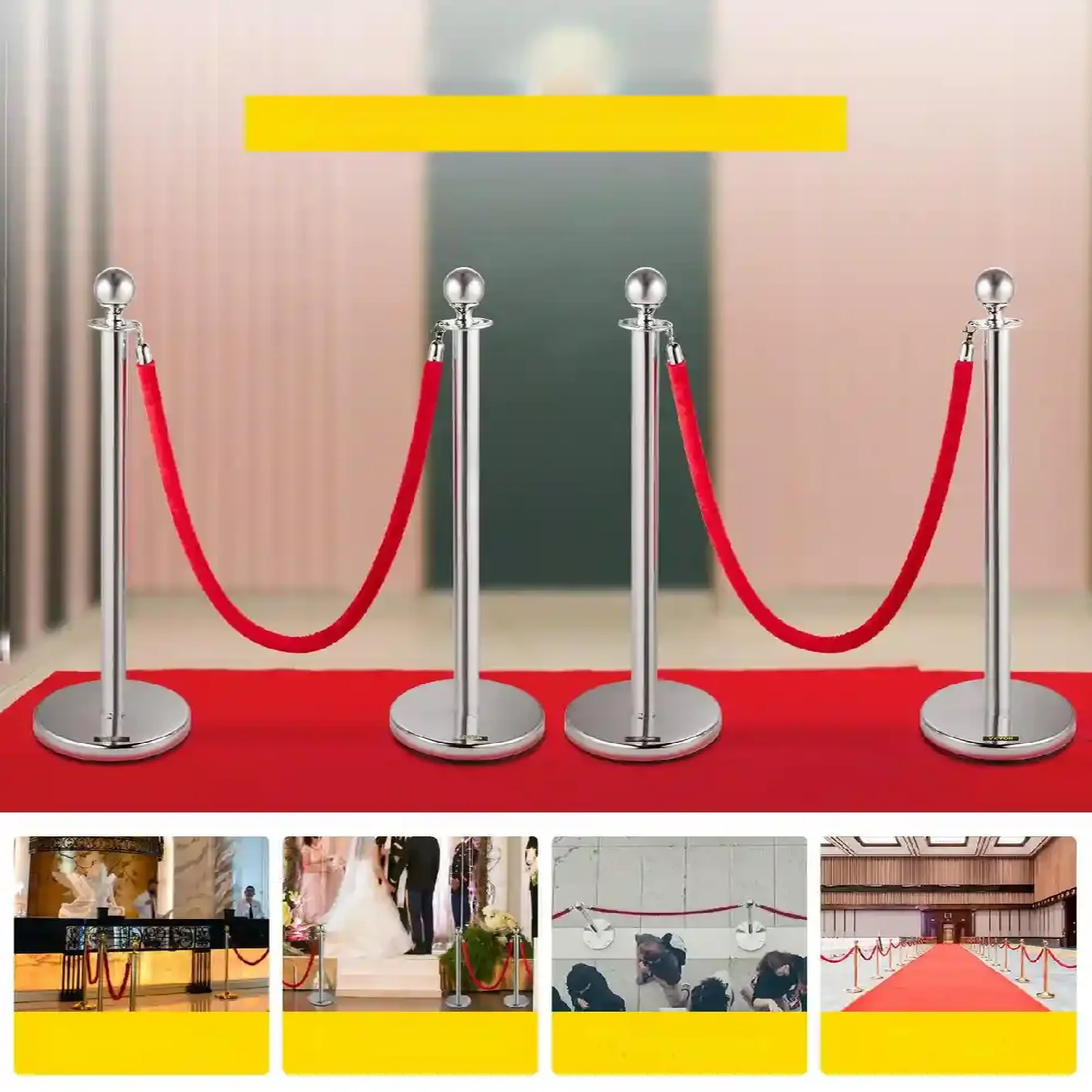 SŁUPKI ODGRADZAJĄCE HOTELOWE SREBRNE 4 + 2 CZERWONE LINY 1.5m - obrazek 7