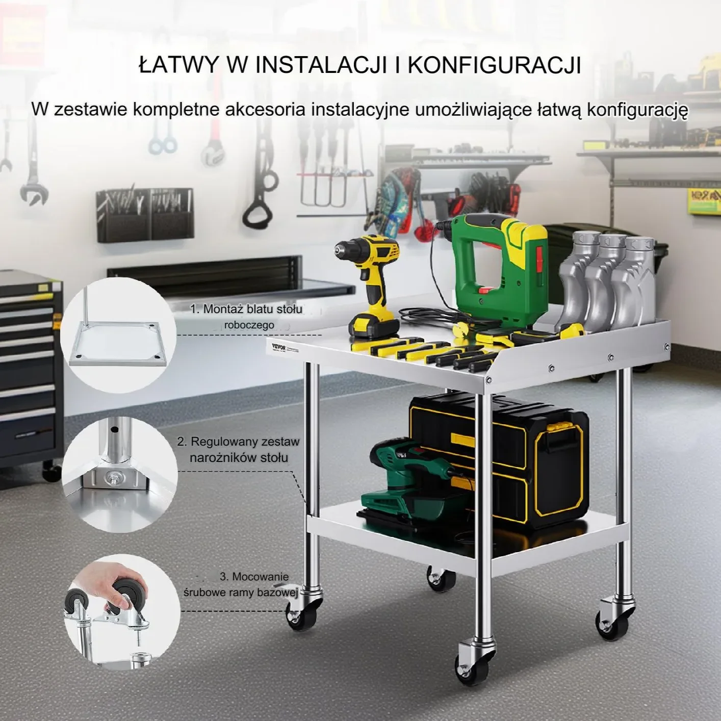 Stół gastronomiczny nierdzewny 61x71cm na kółkach mobilny blat hartowany - obrazek 3