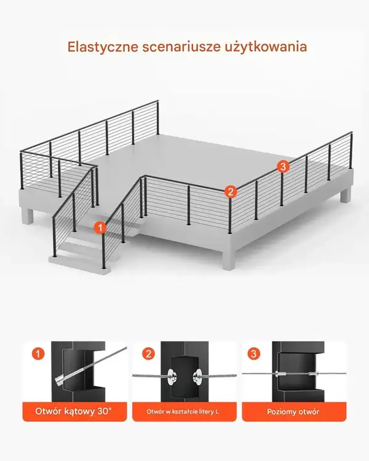 Słupki balustrady linowej 91 cm stal nierdzewna, otwory montażowe, czarne - obrazek 5