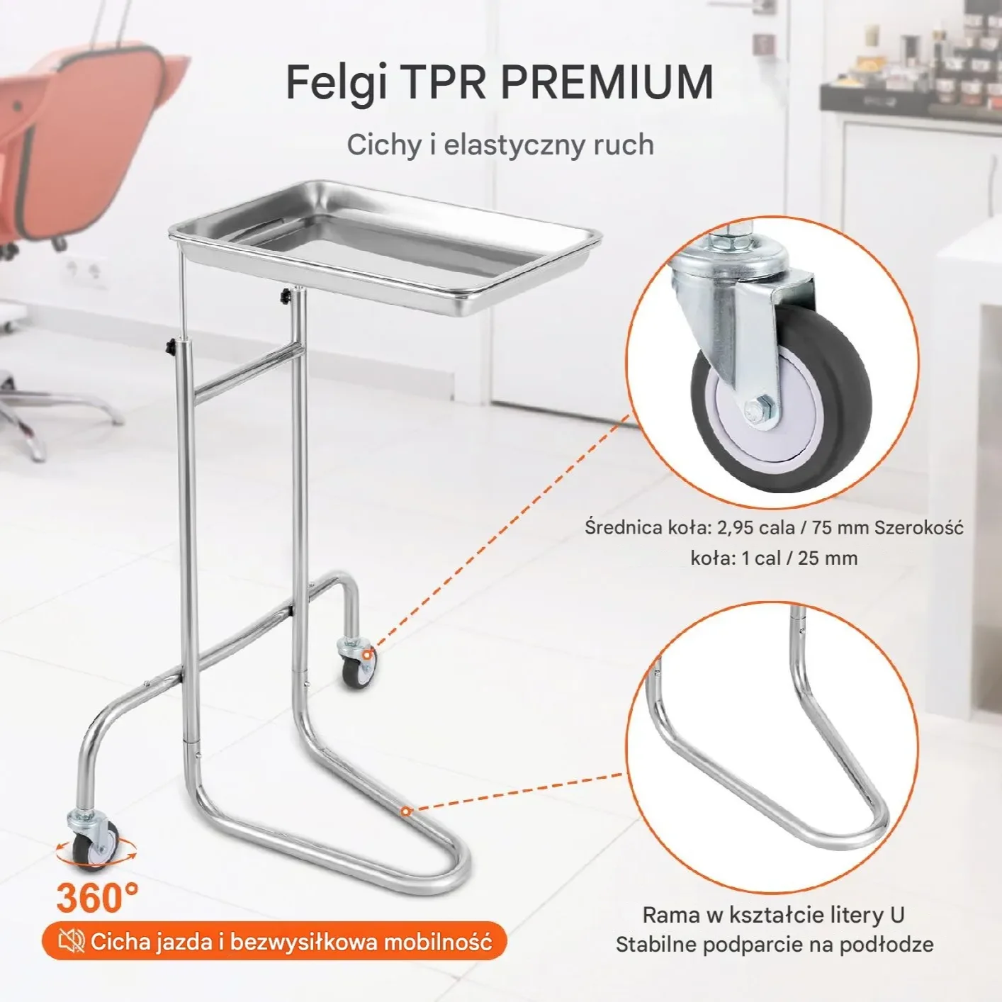 Wózek laboratoryjny stalowy nierdzewny – taca ciche koła - obrazek 3