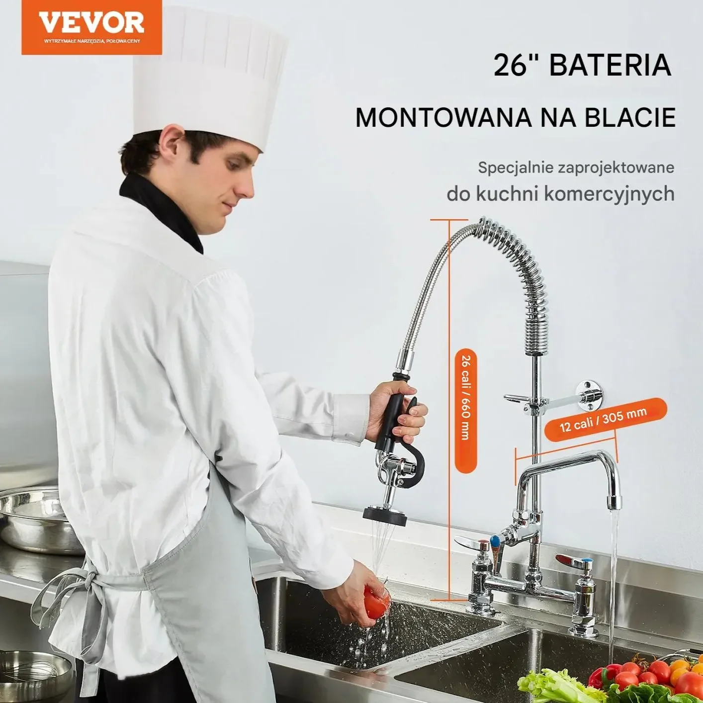 Bateria kuchenna z wylewką i prysznicem 66 cm mosiężna profesjonalna - obrazek 2