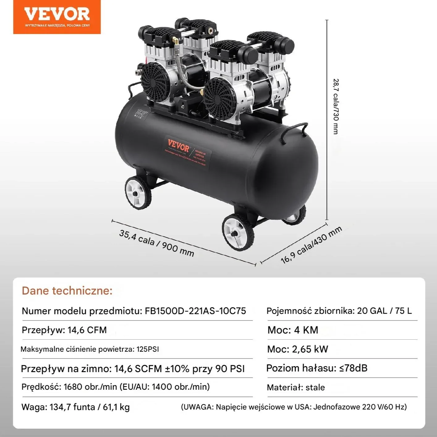 Kompresor powietrza 75L 90PSI – bezolejowy przenośny do warsztatu