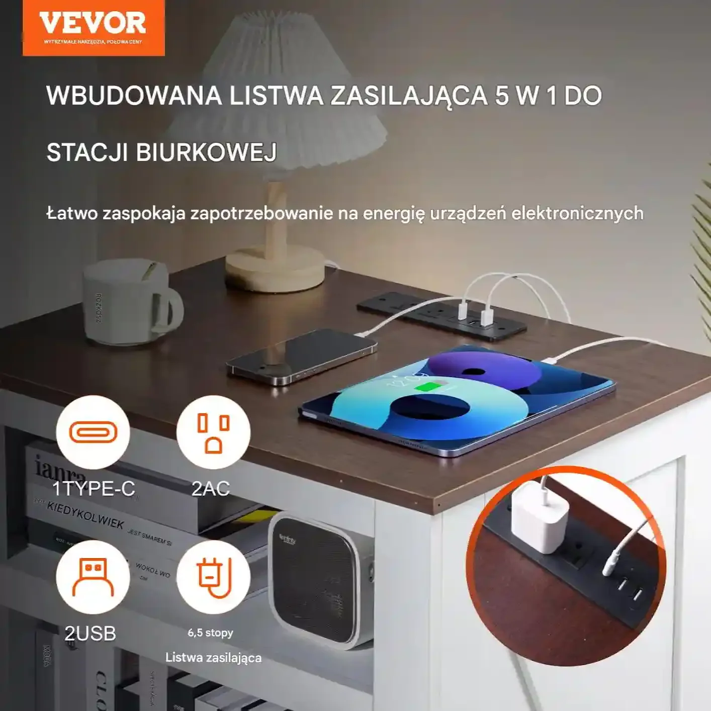 Stolik nocny z USB i szafką 3-poziomowy biały do salonu i sypialni - obrazek 2