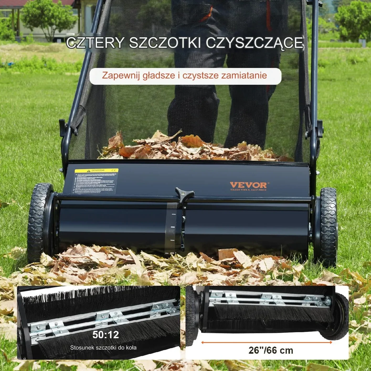 Zamiatarka do liści 66cm pojemna 7m³ 4 szczotki gumowe koła trawnik - obrazek 4
