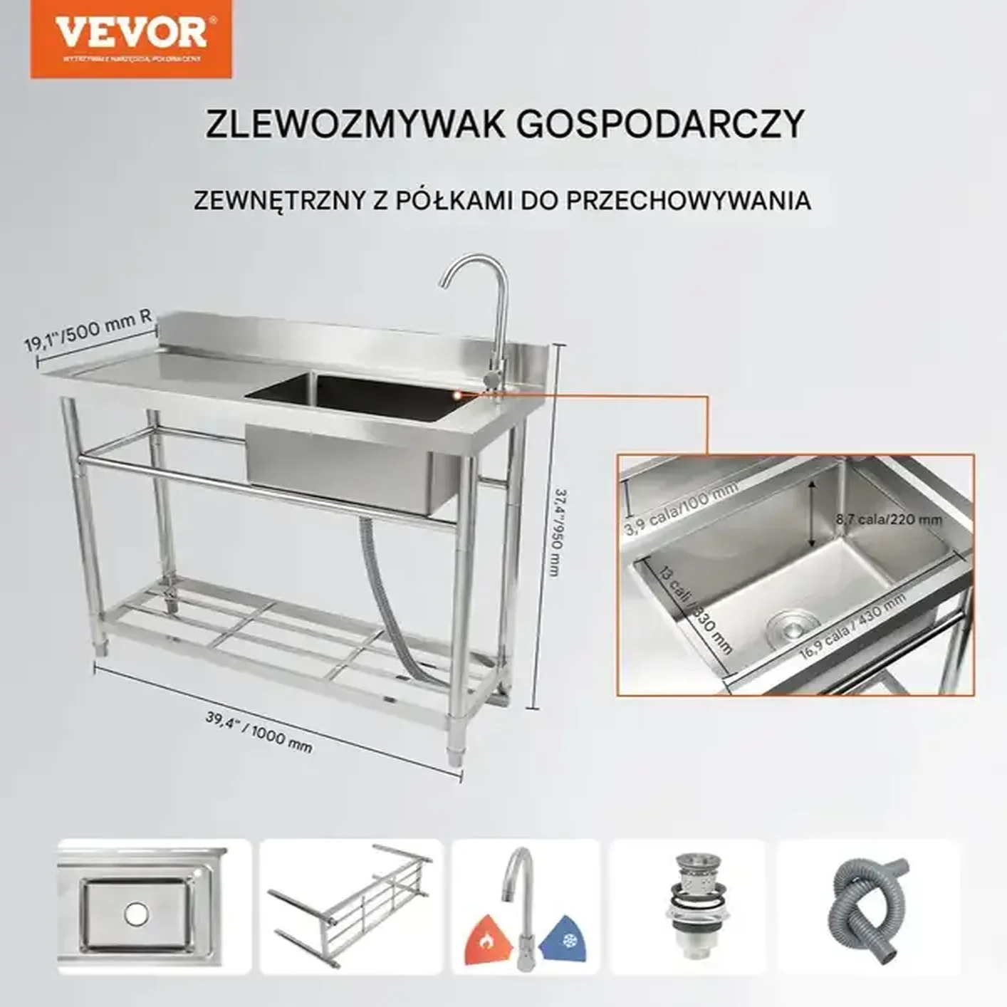 Zlew gastronomiczny basen zlewozmywak gospodarczy + blat 100x50 cm - obrazek 3