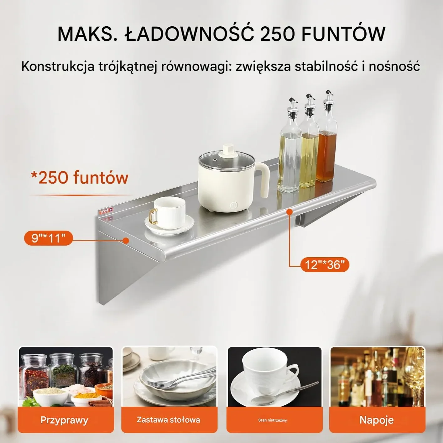 Półka ścienna 30x91 cm stal nierdzewna 113 kg - do kuchni baru hotelu - obrazek 2