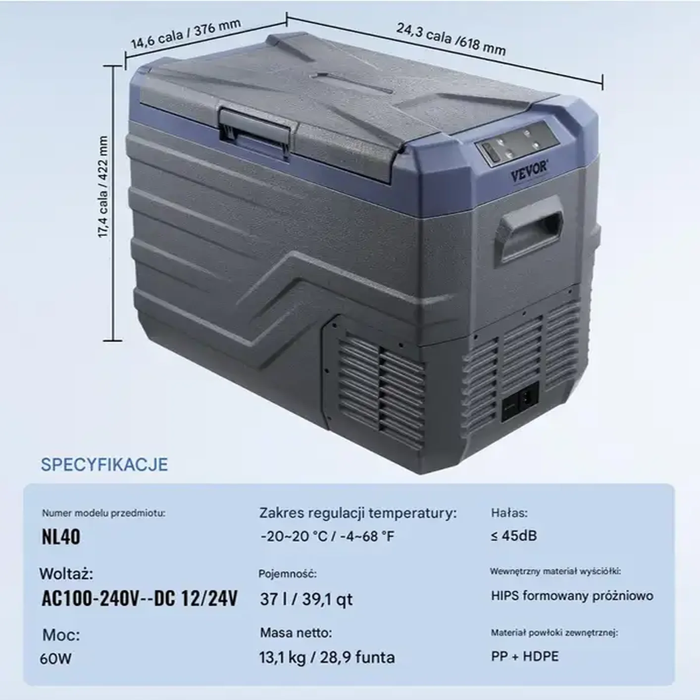 Lodówka turystyczna samochodowa przenośna z zamrażalką kompresorowa 37L 60W - obrazek 3