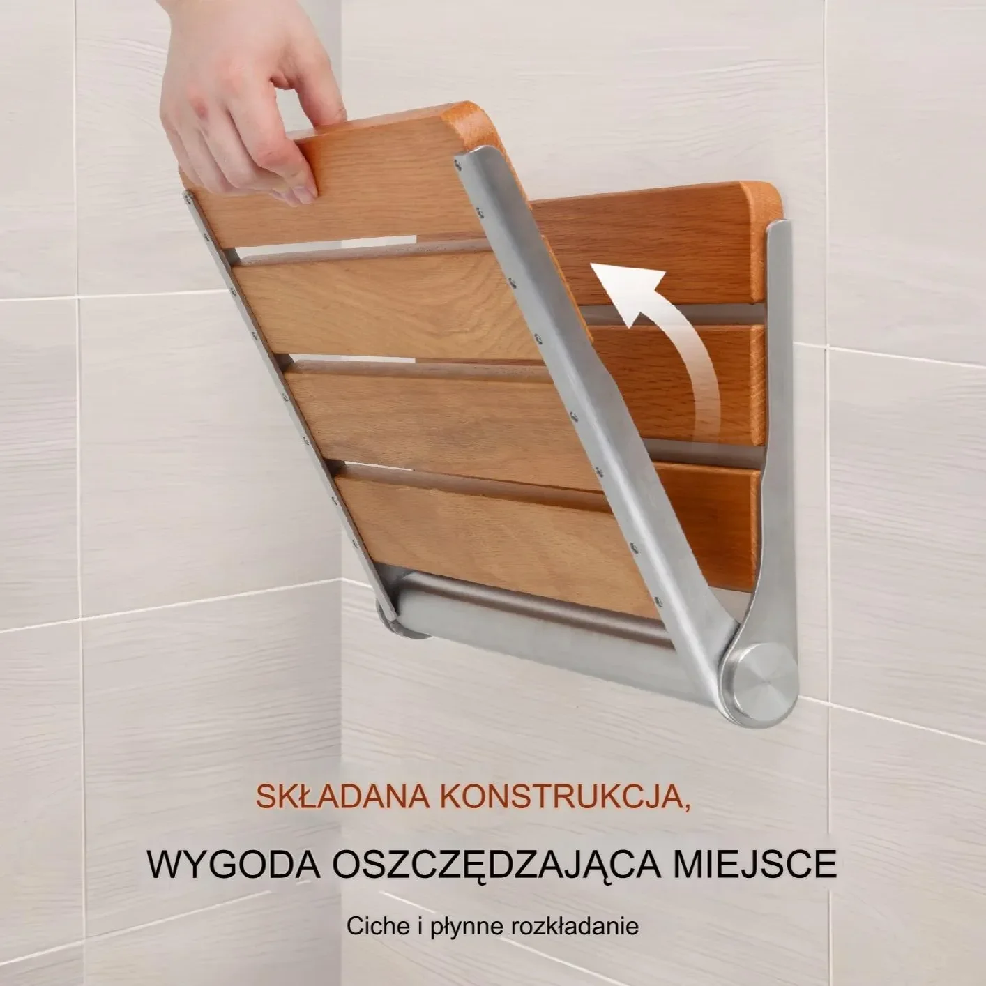 Składane siedzisko prysznicowe dębowe 41x34 cm montaż ścienny - obrazek 2