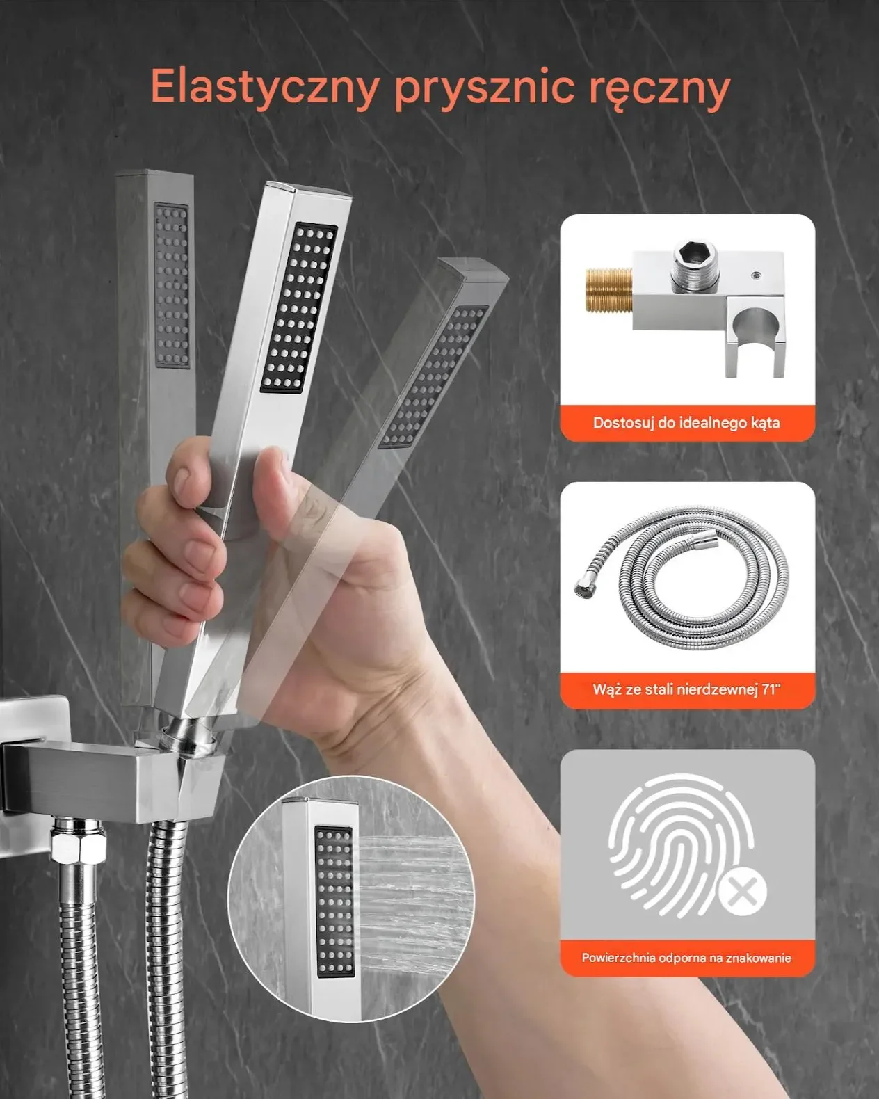 Zestaw prysznicowy deszczownica 30 cm z rączką srebrny montaż ścienny - obrazek 3