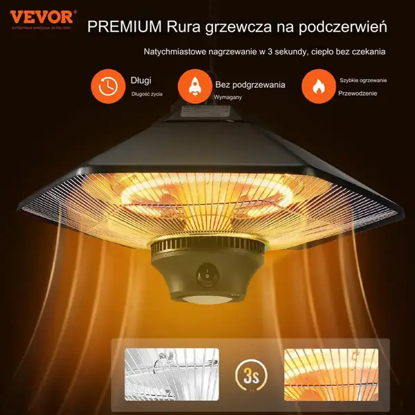 GRZEJNIK ELEKTRYCZNY PROMIENNIK PODCZERWIENI OGRODOWY WISZĄCY - obrazek 3