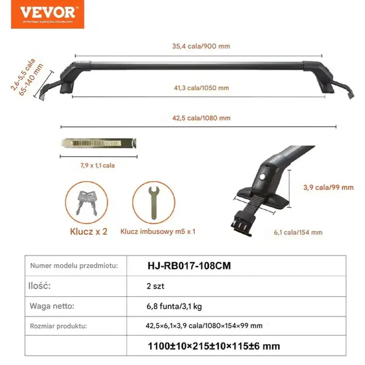 Bagażnik dachowy na relingi belki poprzeczki dachowe uniwersalny 105 cm - obrazek 2