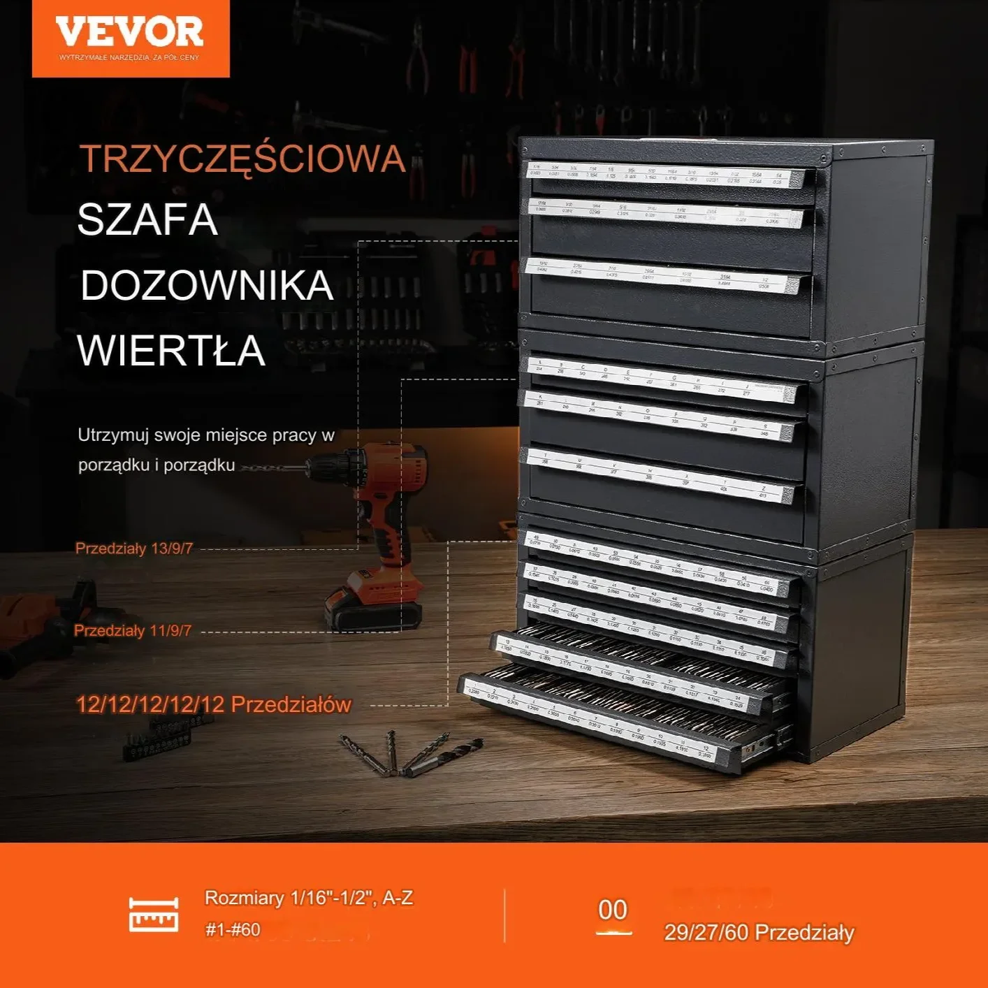 Organizer wierteł 3+5 szuflad 1,5 mm - 12,7 mm – stojak do warsztatu - obrazek 5