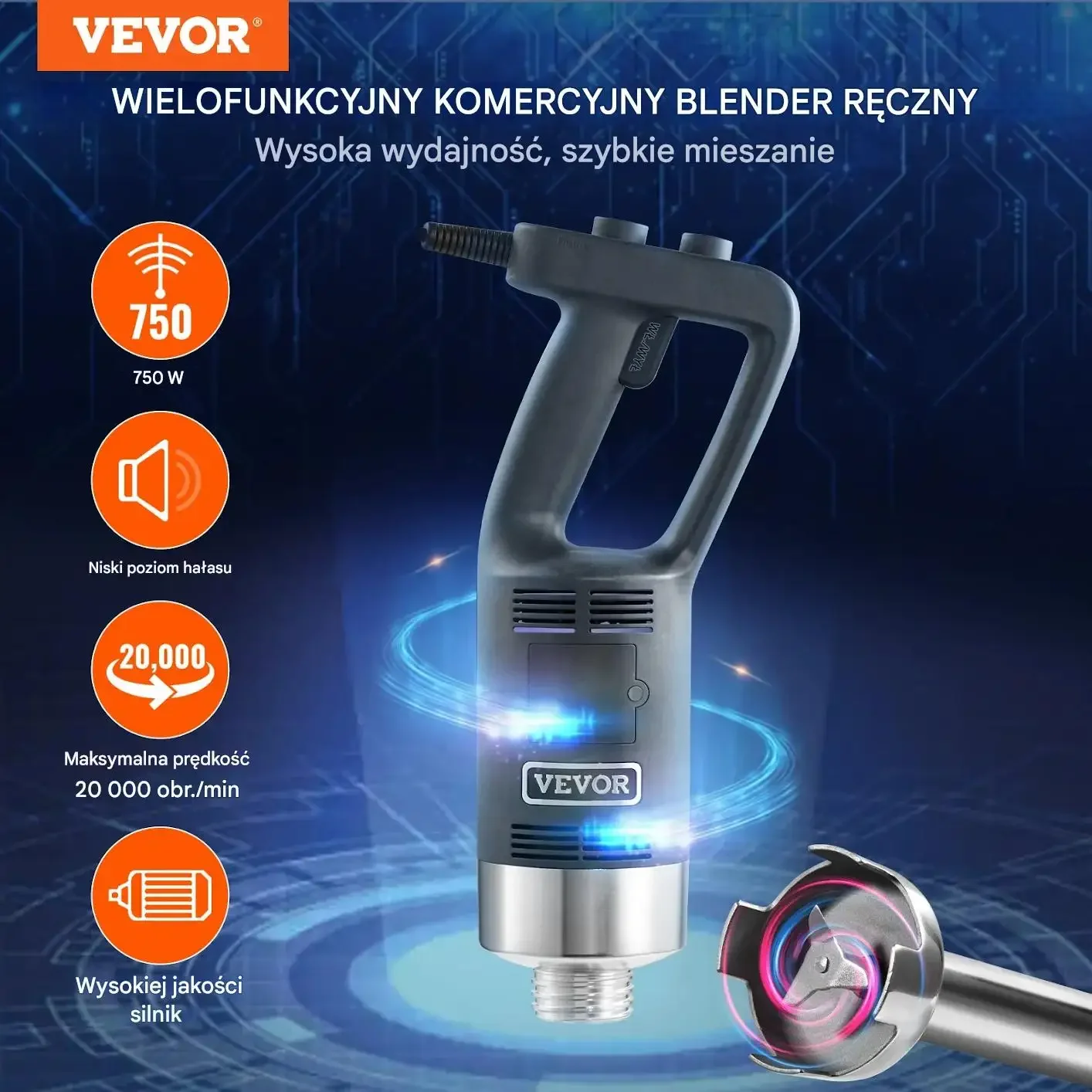 Blender ręczny 750W stal nierdzewna regulowany do zup smoothie puree - obrazek 5