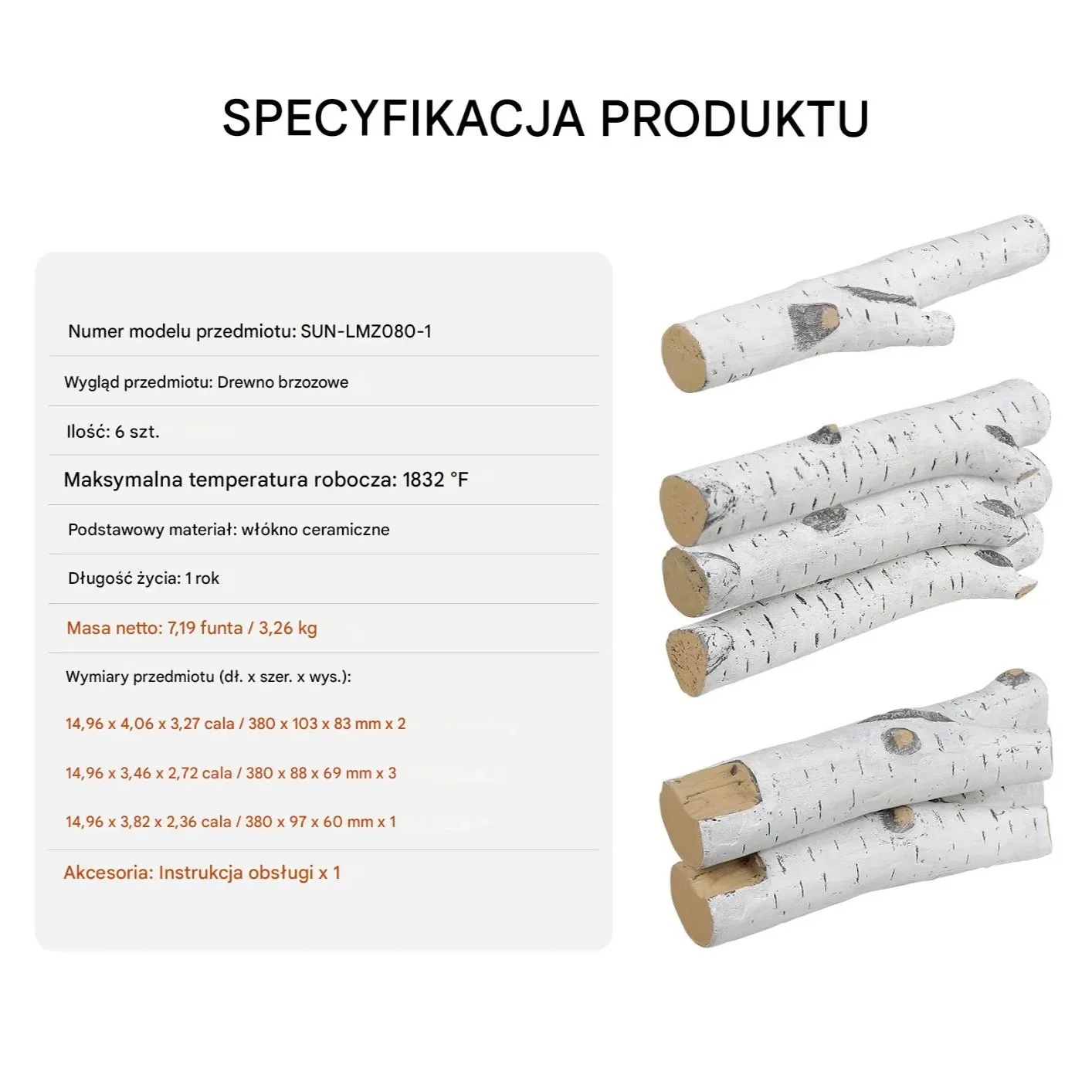 Drewno kominkowe 6 szt. ceramiczne imitujące brzozę - do kominka gazowego