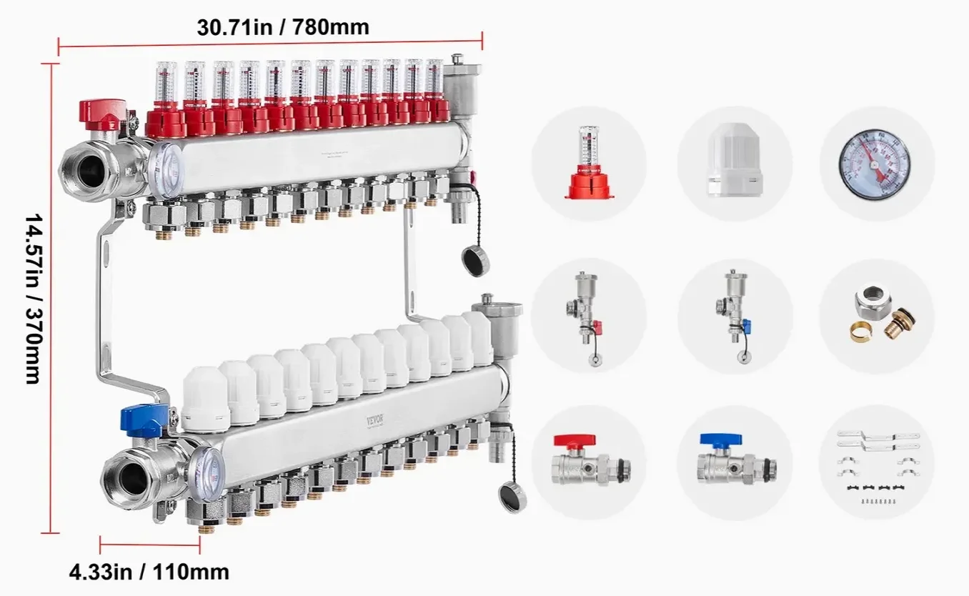 Rozdzielacz ogrzewania podłogowego 12 obw. PEX 1/2 stal z adapterami