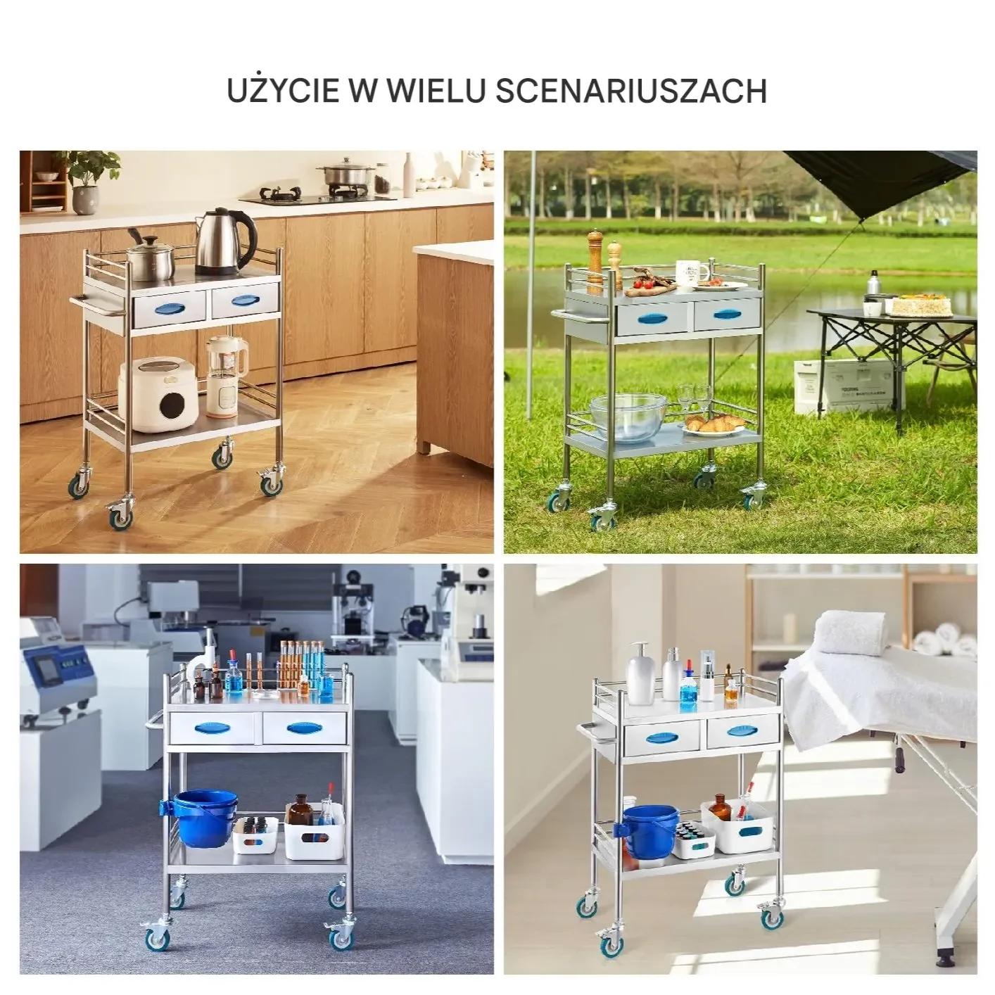 Wózek laboratoryjny medyczny – 2 poziomy 2 szuflady stal nierdzewna - obrazek 4