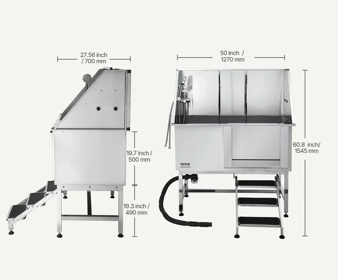 Wanna groomerska 127 cm stal nierdzewna rampa filtr prysznic drzwi prawe