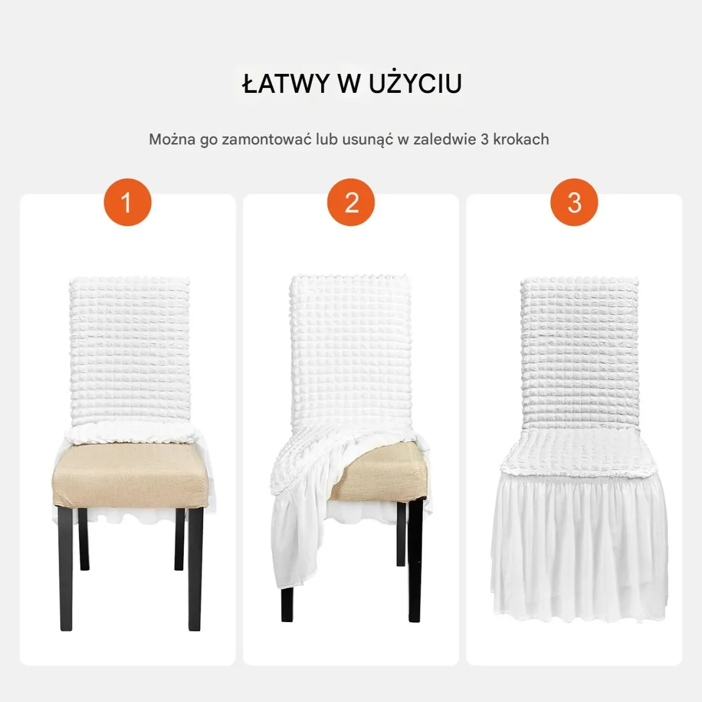 Elastyczne Pokrowce na Krzesła Bankietowe – Białe Pokrowce z Falbaną 4 szt.