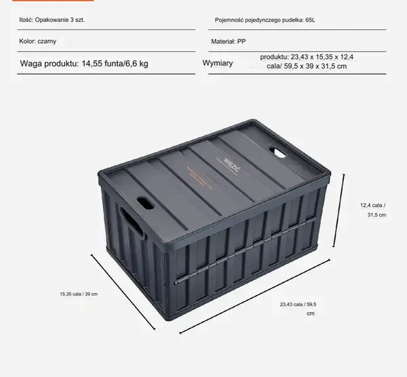 Skrzynka plastikowa pojemnik magazynowy 3 SZTUKI 59,5 x 39 x 31,5 cm - obrazek 3