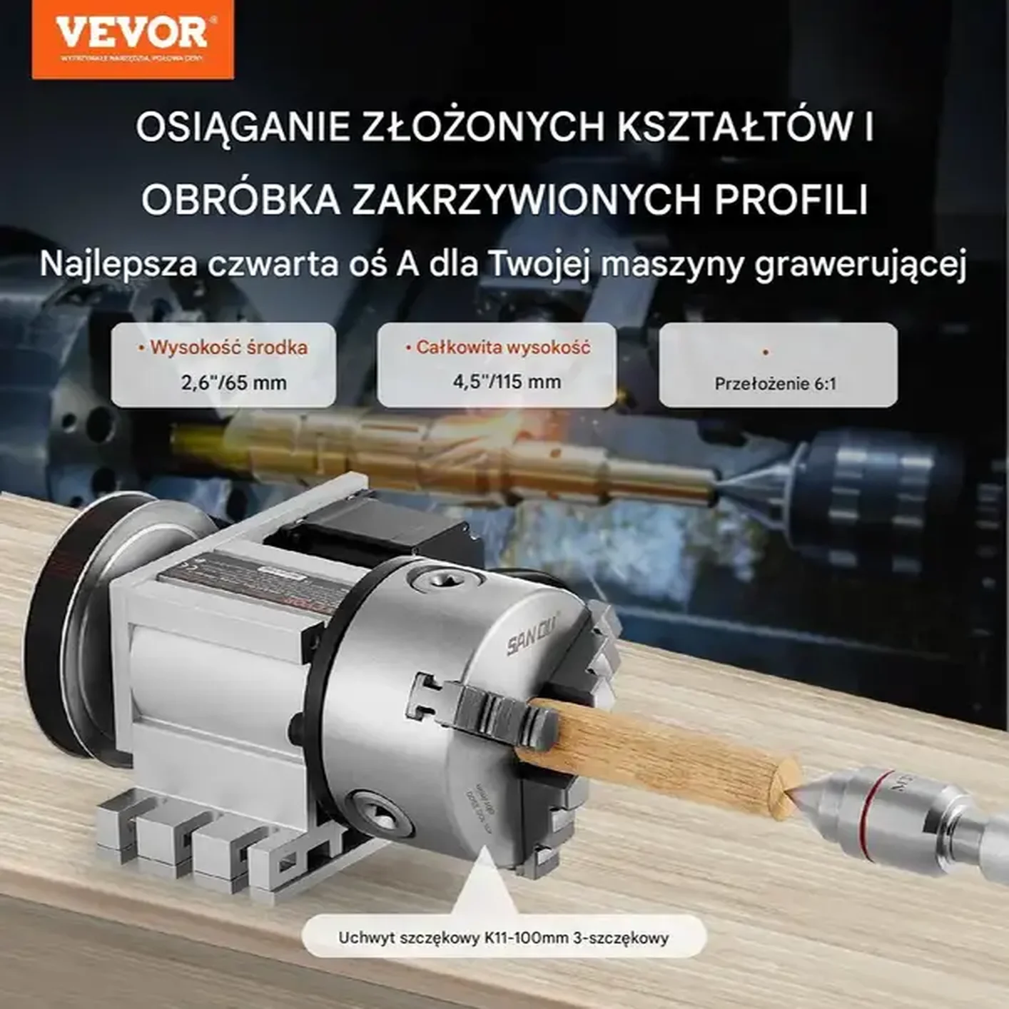 Podzielnica do frezarki podzielnica frezarska 3 szczęki 100mm - obrazek 2