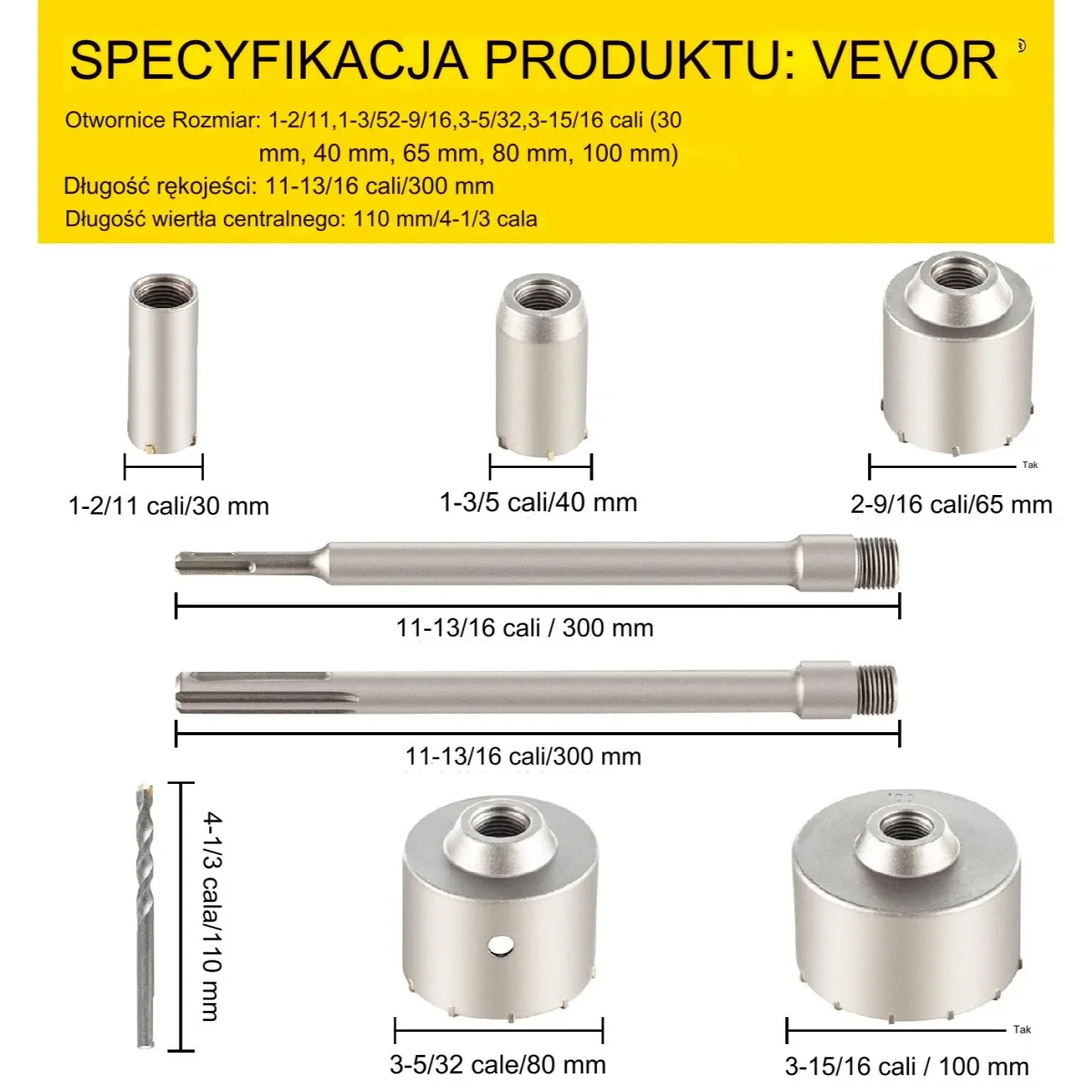 Korony wiertła do betonu 30/40/65/80/100 mm – zestaw 300mm do betonu