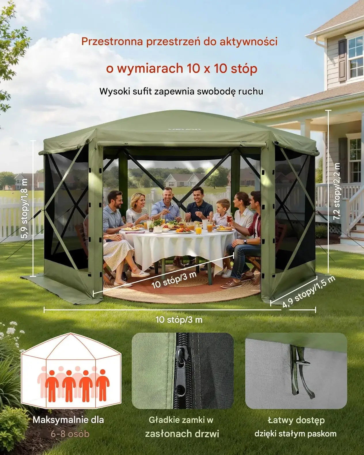 Namiot pawilon zielony 3x3m z moskitierą szybki rozkład ogród patio - obrazek 3