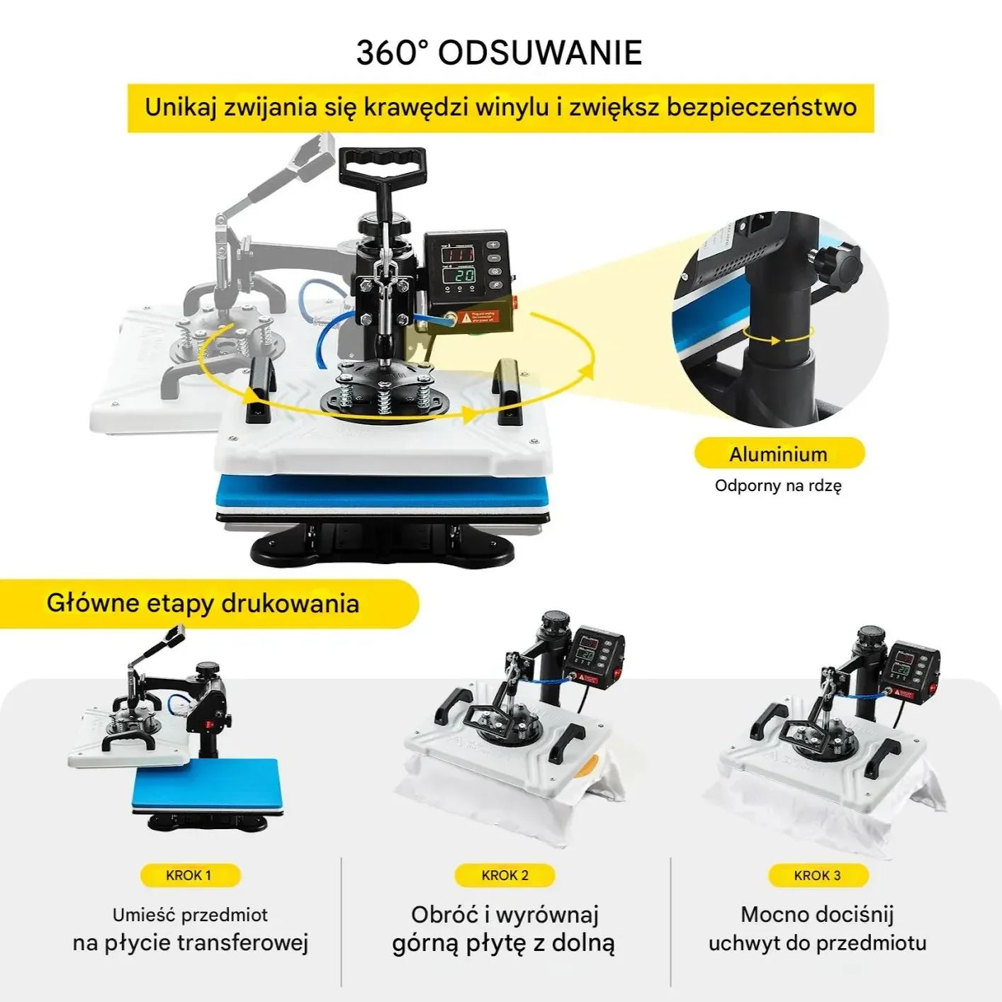 Prasa transferowa termiczna 30x38 cm 1000W obrót 360° do t-shirtów kubków