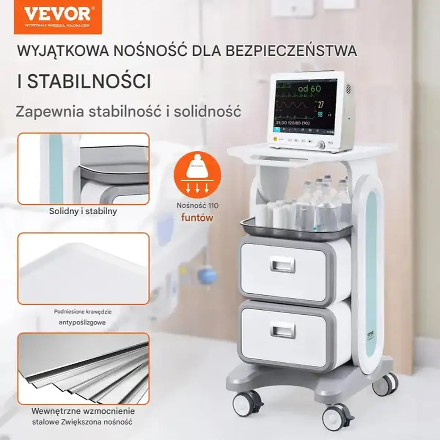 Wózek laboratoryjny 3-poziomowy szuflady mobilny do laboratorium i kliniki - obrazek 4