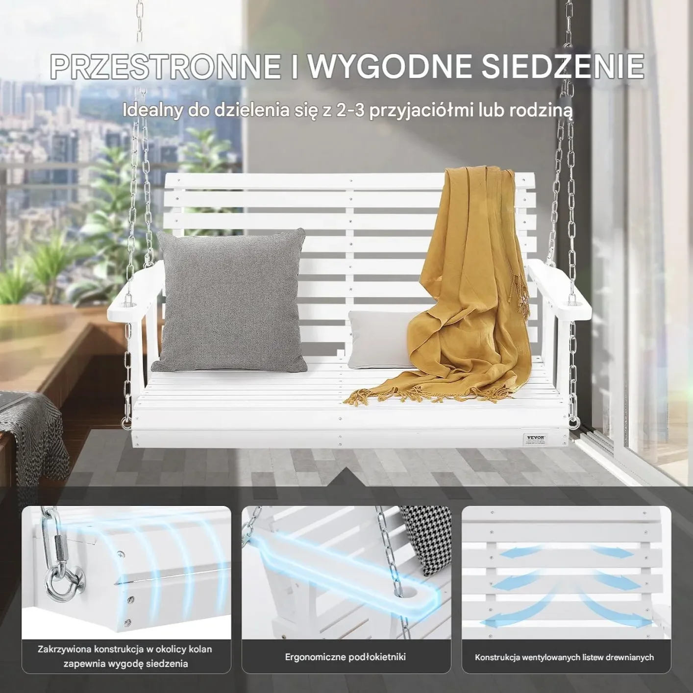Huśtawka ogrodowa 120cm drewniana biała 400kg łańcuchy altana taras - obrazek 3