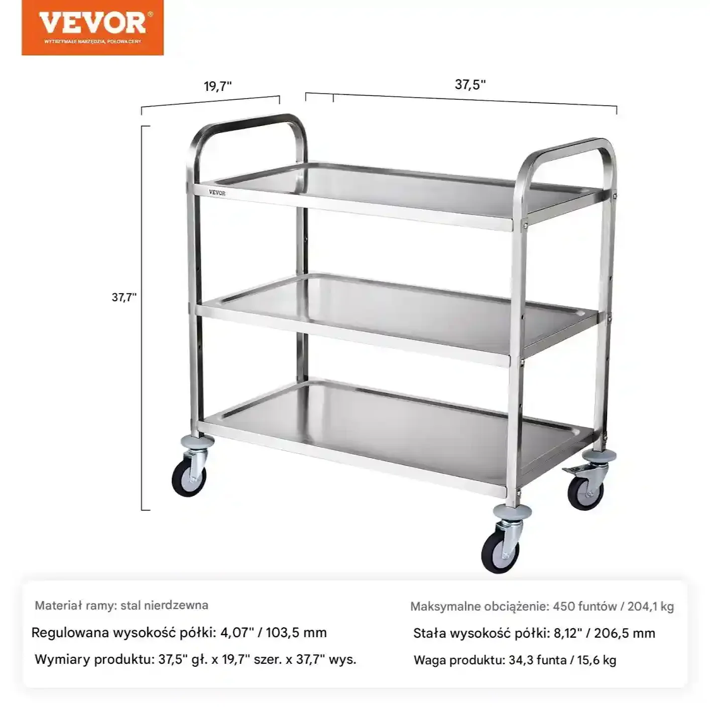 Wózek kuchenny 3-poziomowy stalowy 450kg na kółkach z koszami i haczykami