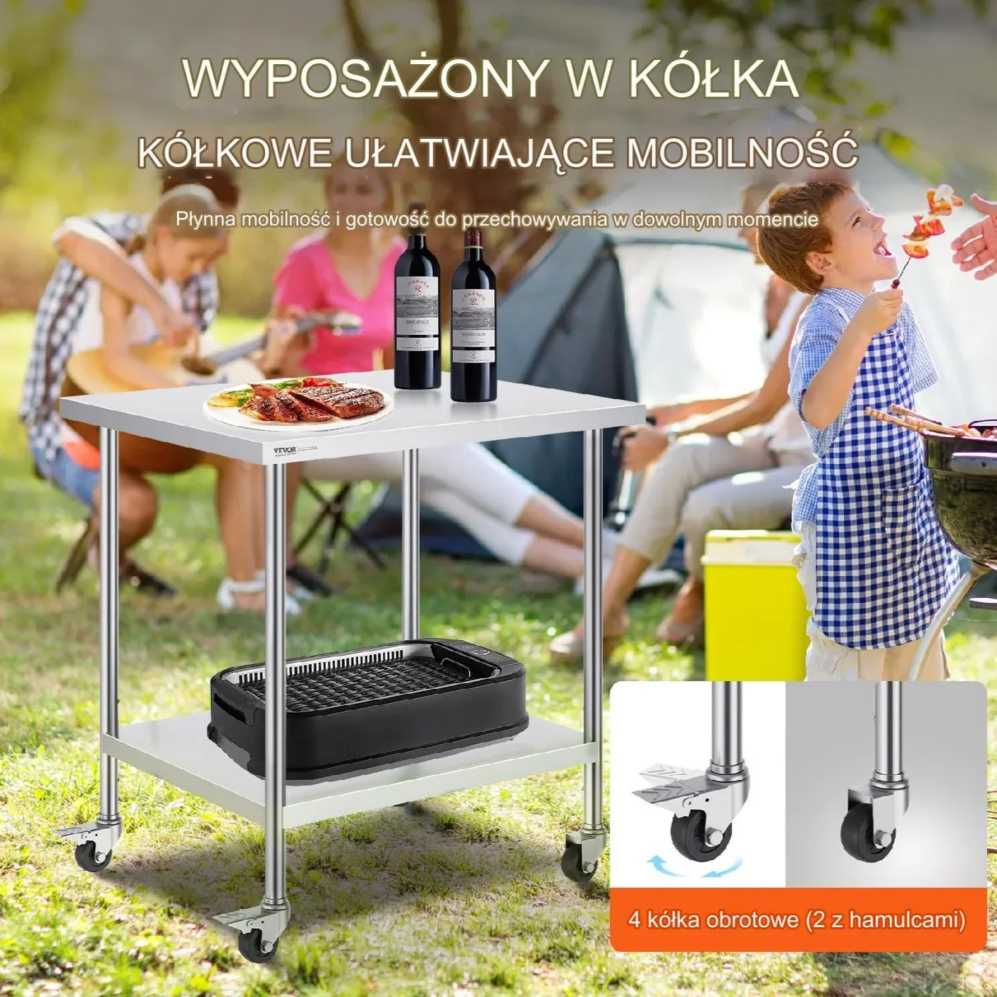 Stół blat roboczy nierdzewny 76x91cm 4 kółka stal gastronomia mobilny - obrazek 3