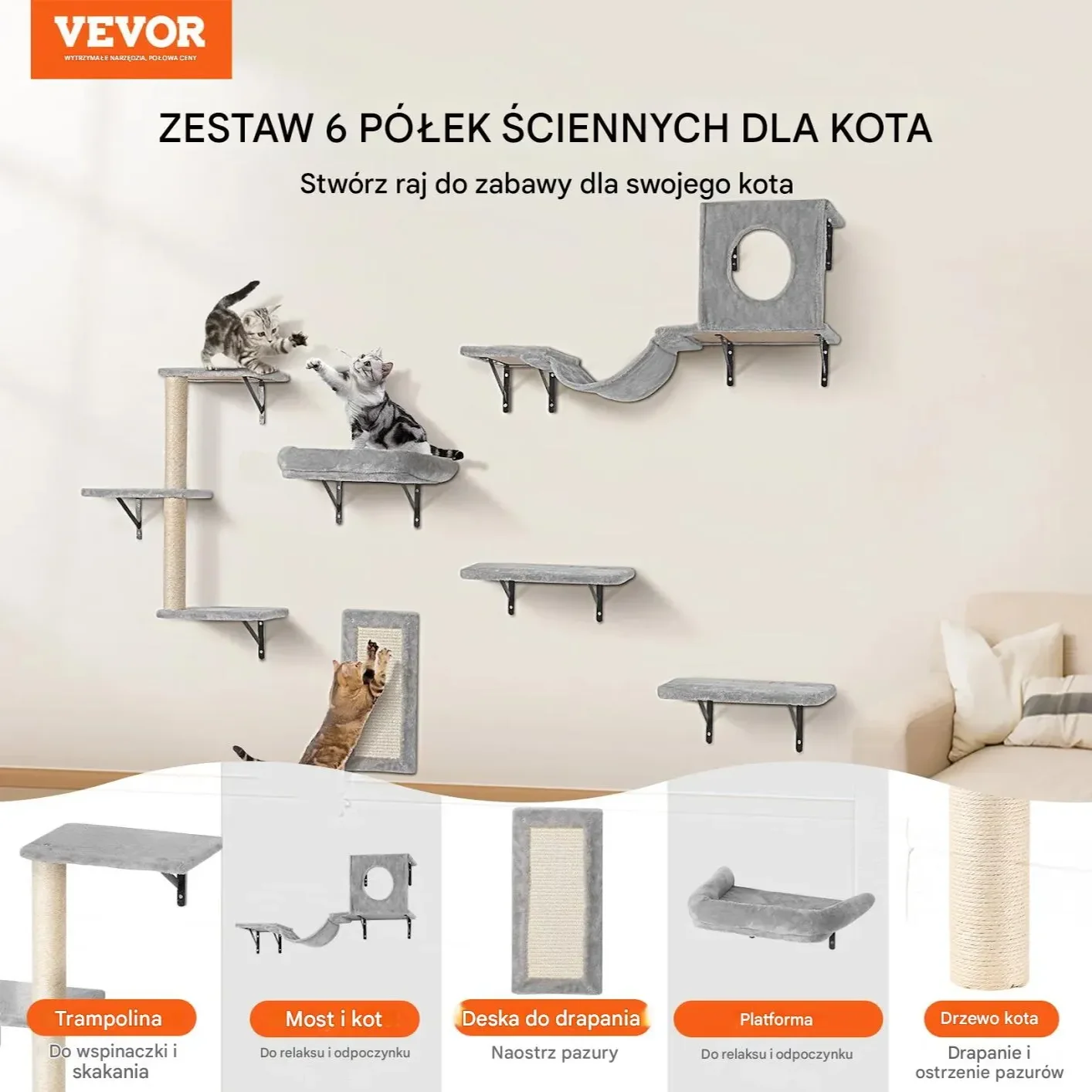 Półki dla kota 6szt ścienne – zestaw platformy hamak drapak do zabawy