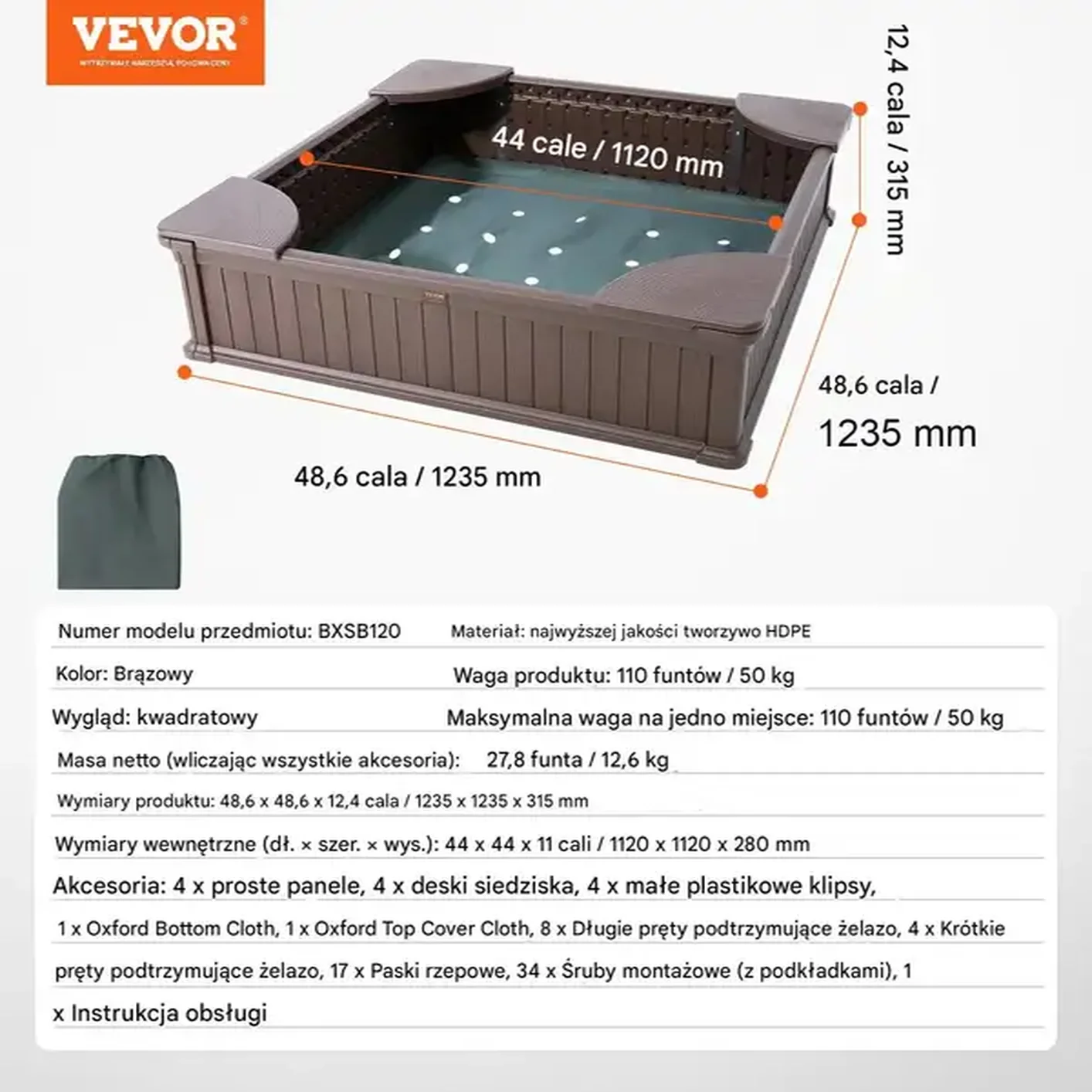 Piaskownica kwadratowa plastikowa zamykana z pokrywą 123x123 cm - obrazek 2