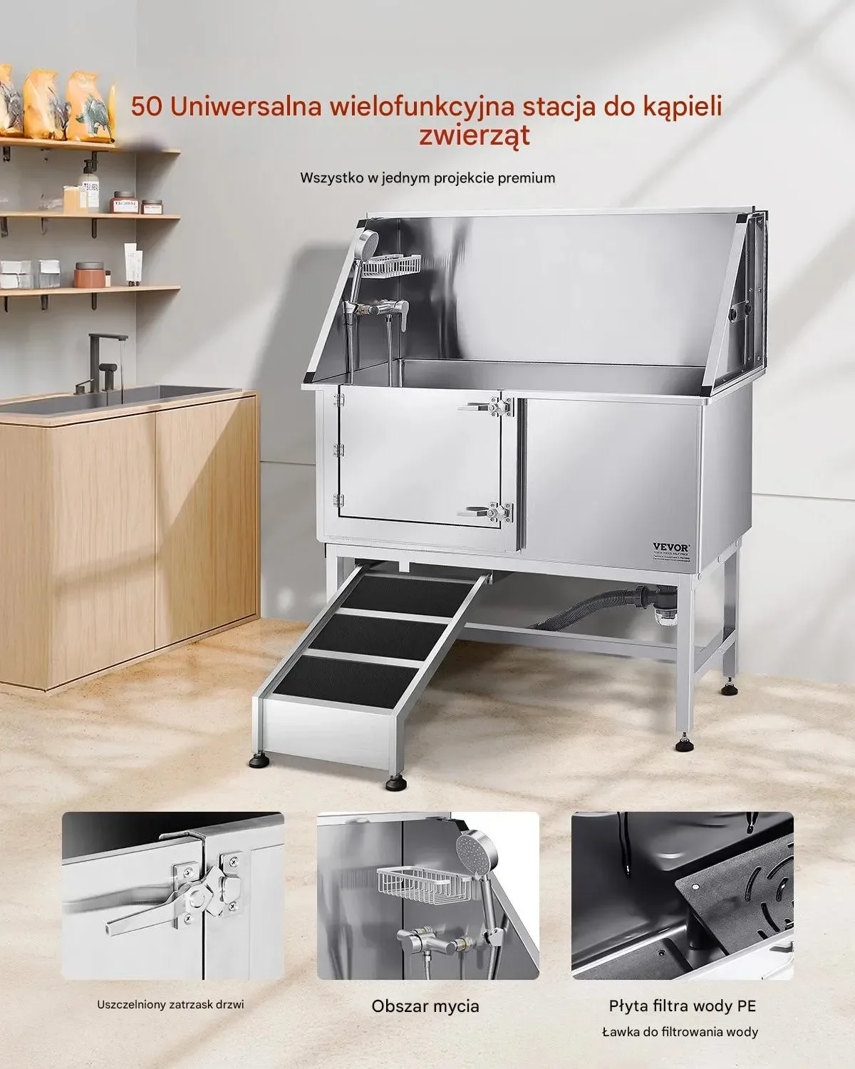 Wanna groomerska 127 cm stal nierdzewna rampa filtr prysznic drzwi lewe - obrazek 2