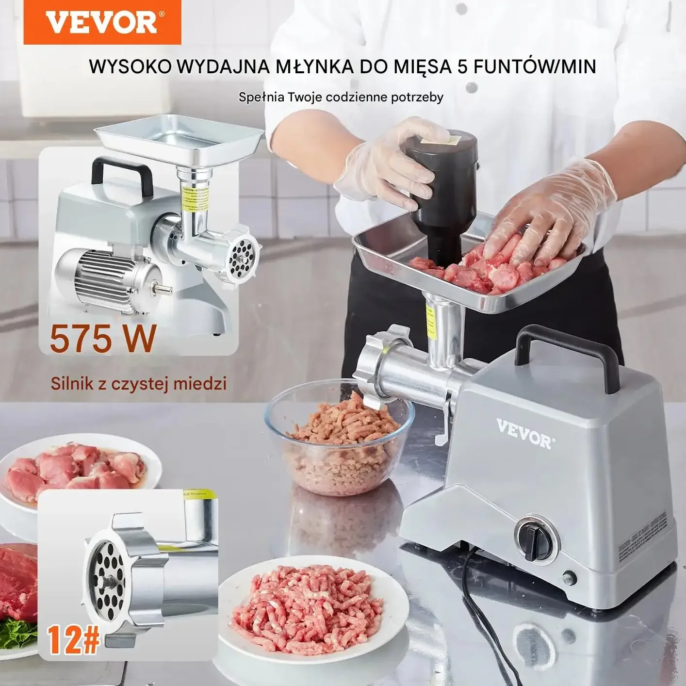 Maszynka do mięsa elektryczna 2,27kg/min 575W stal aluminiowa kiełbasy - obrazek 6