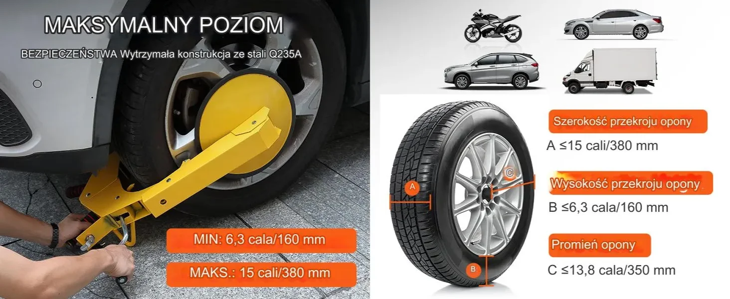 Blokada koła antykradzieżowa do aut przyczep kamperów 160-380 mm - obrazek 11