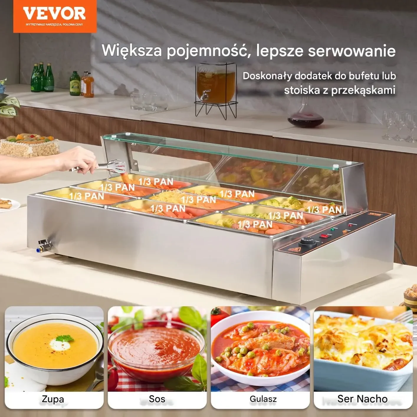 Podgrzewacz do Żywności 9 x 4,7 L Elektryczny Komercyjny z Szybą do Baru - obrazek 4