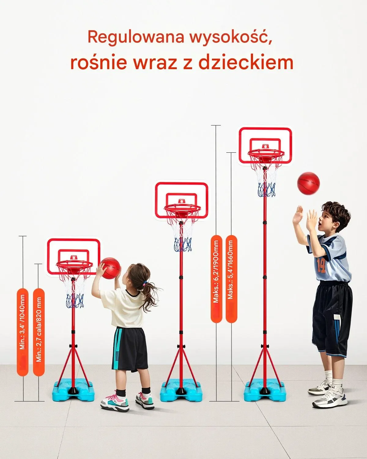 Kosz do Koszykówki dla Dzieci z Regulacją Wysokości – 1040-1900 mm - obrazek 3
